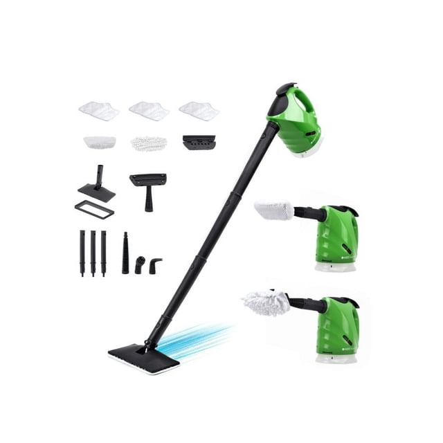 H2O Steam FX Pro 5 in 1 handheld steamer system with 2 microfiber replacement floor pads. The image displays a green and black steamer with a detachable handle and an array of accessories, including a floor head, water tank, long and bent nozzles, round brush, garment steamer, window steaming tool, mop extension pipes, and microfiber pads. Ideal for cleaning floors, carpets, windows, and fabrics, it features a 450ml water tank, child safety lock, and chemical-free operation.