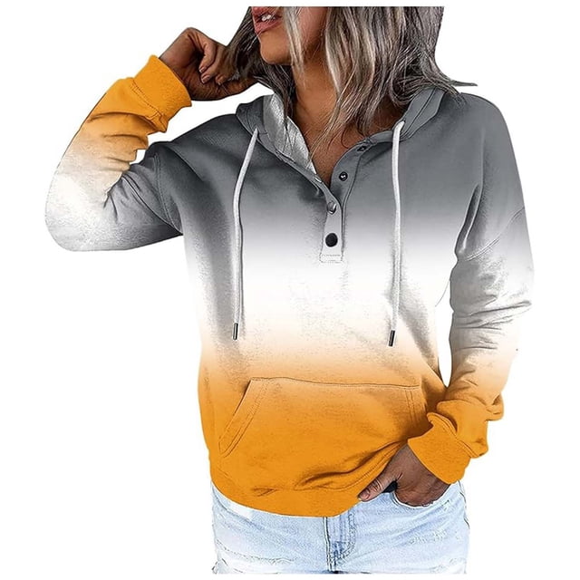 WEAIXIMIUNG Sweatshirts for Women Trendy Graphic Women's Autumn and Winter Fashionable Street Style Gradually Changing Color Button Collar Pocket Drawstring Casual Sports Hoodie (3)