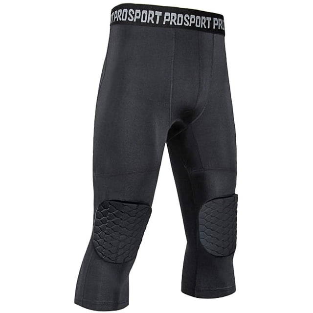 Men's Padded Compression Pants Quick Drying Tight Protective-Knee Protector Pants Black