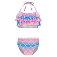 thumbnail image 1 of TiaoBug Girls 2 Pcs Mermaid Bikini Sets Shiny Halter Ruffles Crop Top with Triangle Brief Bathing Suit Tankini Pink&Blue 120, 1 of 5