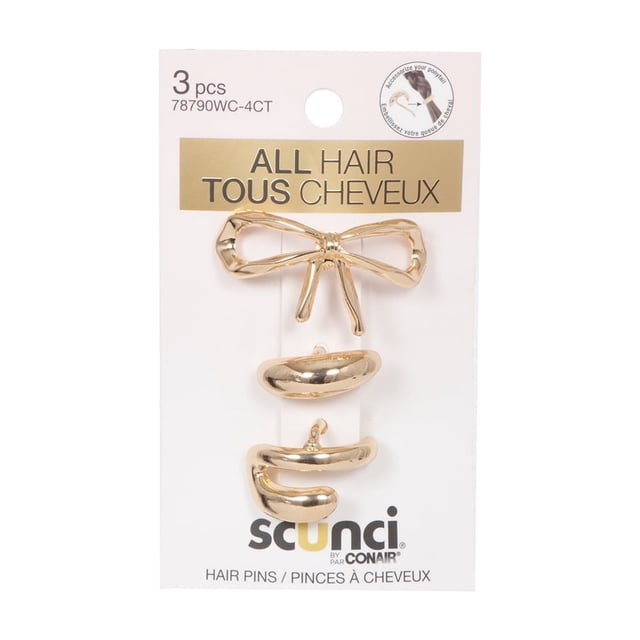 Scunci 3 Pk Pony Cuff Pins gold-tone hair cuff pins in three mixed elegant shapes on white retail packaging with Scunci by Conair branding and a small diagram illustrating how to pin behind a ponytail or braid for a jewelry-inspired hair accessory