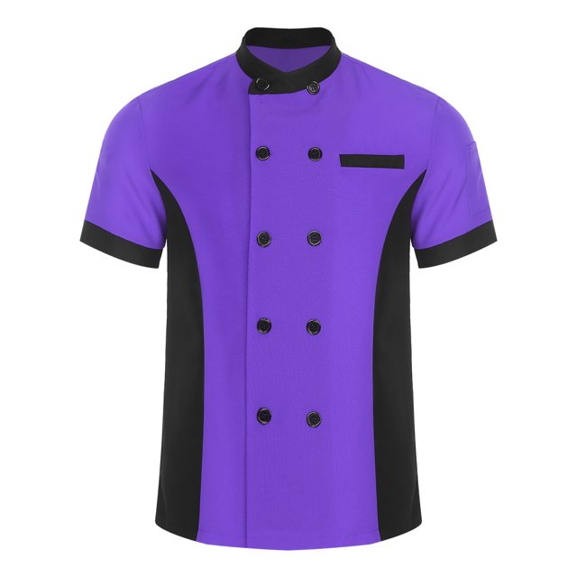 TiaoBug Unisex Chef Jacket Double Breasted Short Sleeve Chef Coat Hotel Restaurant Kitchen Work Wear Purple XXL