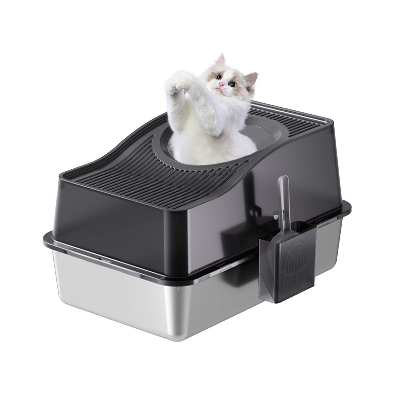 Stainless Steel Litter Box with Lid, Enclosed Litter Box with Cat Litter Mat and Scoop, Extra Large High Sided Cat Litter Trays Easy Clean Detachable
