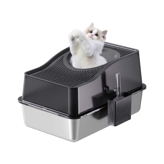 Stainless Steel Litter Box with Lid, Enclosed Litter Box with Cat Litter Mat and Scoop, Extra Large High Sided Cat Litter Trays Easy Clean Detachable