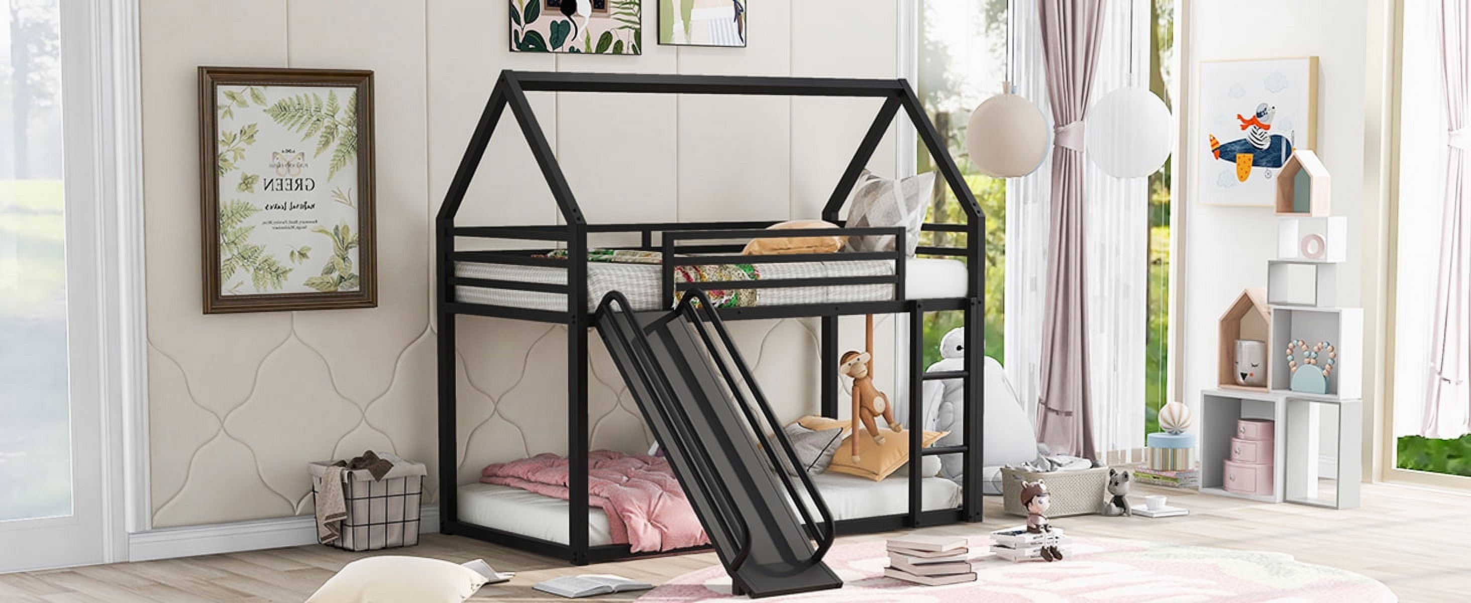 Noble House Twin over Twin House Bunk Bed with Ladder and Slide,Black