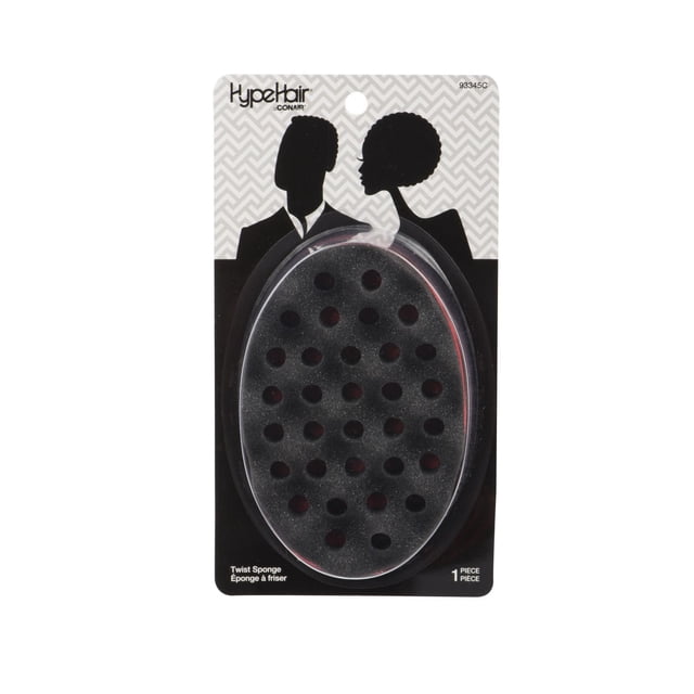 Hype Hair Easy Twist Sponge black oval twist sponge with multiple circular holes for styling textured hair, packaged in clear plastic on a black and grey geometric patterned card featuring silhouettes of a man and woman with natural hairstyles, ideal for defining coils and curls on short or fine hair.