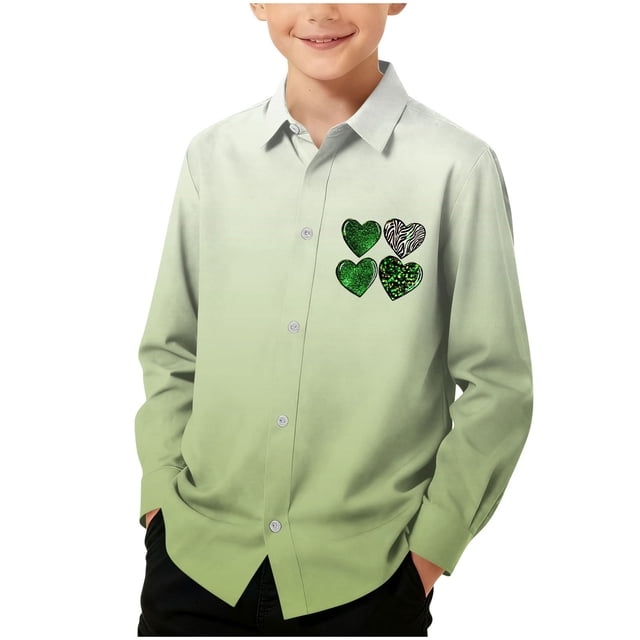 RXMEKW Chemise à Manches Longues Imprimée de la Saint-Patrick pour Garçons avec Col Rabattu, 95 % Coton 5 % Élasthanne, Vert