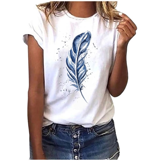 EQWLJWE Liquidation d'Économies d'Été! T-shirt à Col Rond pour Femme à Manches Courtes, Mode, Imprimé Plume, Haut T-shirt Tee Blouse, Hauts d'Été pour Femmes 2023