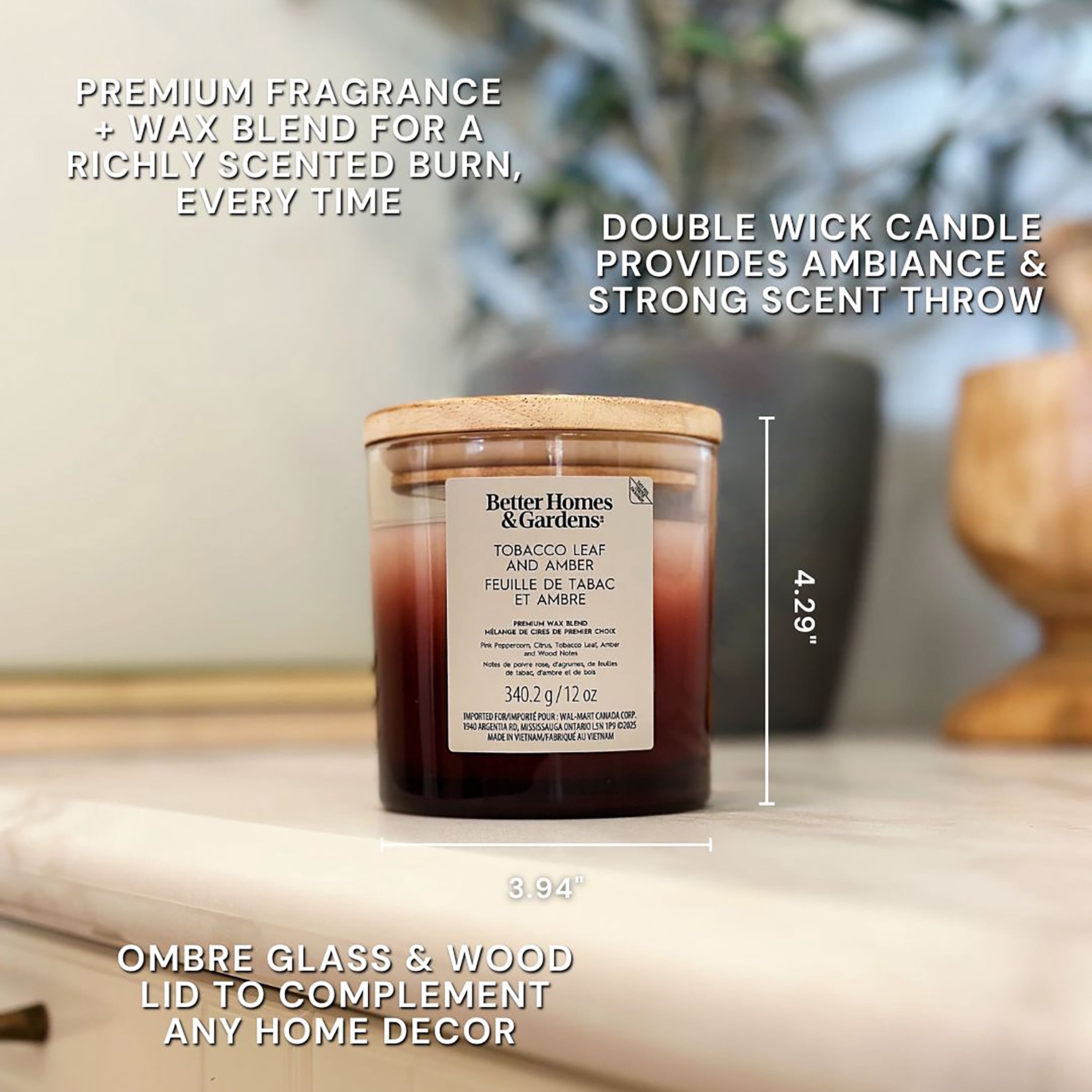 Bougie parfumée en pot ombré à 2 mèches à la cire de paraffine 12 oz Better Homes & Gardens, Feuille de tabac et ambre