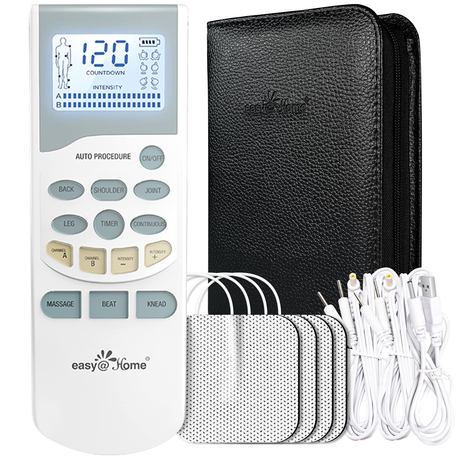 Easy@Home Rechargeable TENS Unit Professional Grade Electronic Pulse Massager - Backlit LCD Display, Leather storage bag, Powerful Pulse Intensity, 510K Cleared, FSA Eligible OTC Home Use, EHE012PRO