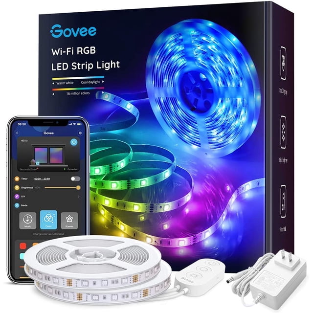 Govee 32.8ft D Strip Lights with RGB light strips offering 16 million colors, compatible with Alexa and Google Home for wireless smart app control. Ideal for LED bar lights and novelty lighting, featuring music sync, timer settings, and easy installation. Displayed with packaging, mobile app interface, and power adapter.