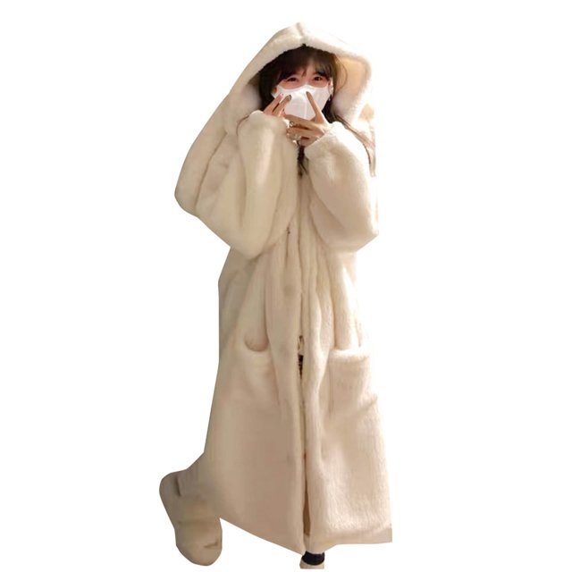 Penkiiy Robe Longue à Capuche pour Femmes, Peignoirs à Boutons Mignons, Robe de Chambre Douce et Chaude pour Femmes, TG, Blanc