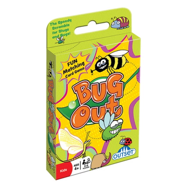 Bug Out Matching Card Game by Outset, featuring a colorful box design with cartoon bugs like a bee, dragonfly, and ladybug. Suitable for kids aged 4 and up, this fun family card game challenges players to match bug cards quickly. The compact packaging makes it ideal for travel or family game nights.