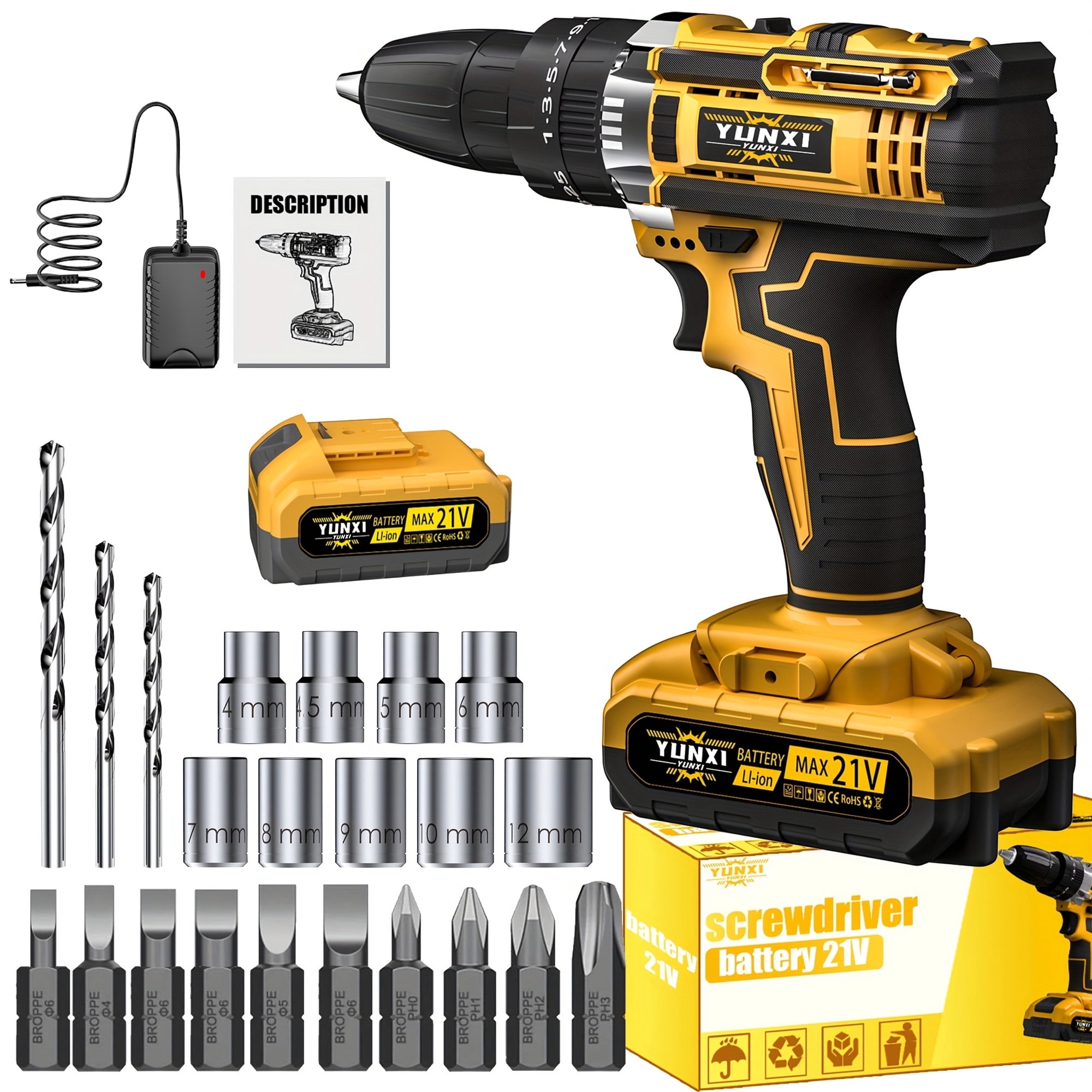 YUNXI 21V Cordless Drill Driver with 1 Battery, Charger & Drill Bit Set, Electric Power Drill for Home & DIY Projects