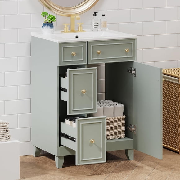24" Bathroom Vanity with Sink, Free Standing Single Basin Vanity Set with Two Drawers and One Door, Modern Solid Wood Bathroom Cabinet with Ceramic Basin for Bathroom, Green