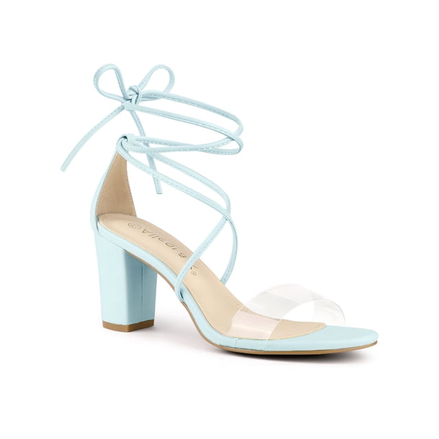BLISSFUL STEP Chaussures pour Femmes à Bride Transparente à Lacets à Bout Ouvert Sandales Habillées à Talon Épais Bleu 7