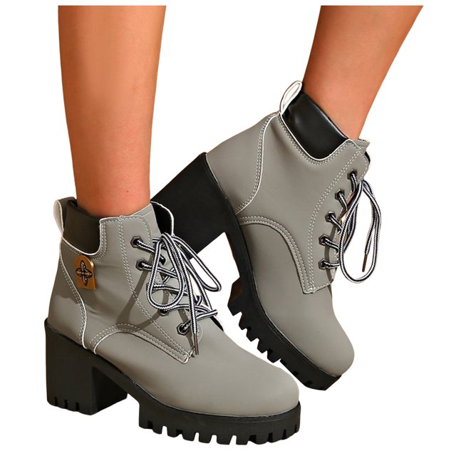 Platform Combat Boots for Women Trendy Leather Waterproof Non Slip Chunky High Heel Riding Ankle Booties