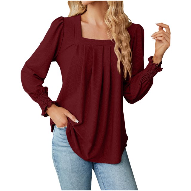 IROINNID Polyester Réduit T-Shirt à Manches Longues pour Femmes Quotidien Col Carré Profond Bouton Solide Blouse Chemise Haut, Bourgogne