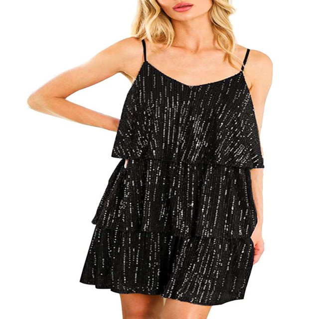 MesaSe Robe Gâteau à Volants Superposés pour Femmes, Paillettes, Bretelles Spaghetti, Mini-Robe Dos Nu, Robe Camisole de Fête et de Danse