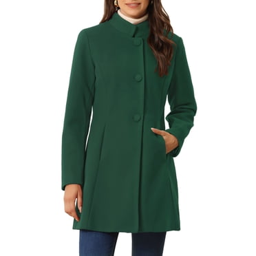 INSPIRE CHIC Women's Winter Overcoat Stand Collar Single Breasted Mid-thigh Long Coat Deep Green XL