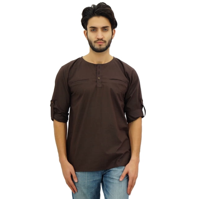 Atasi Kurta Brun pour Homme à Col Rond en Coton, Chemise à Manches Retroussables - Petit
