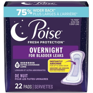 Serviettes d’incontinence ultraminces Poise pour femmes, degré d’absorption 8, absorption pour la nuit, longueur de la couverture extra, 22 unités