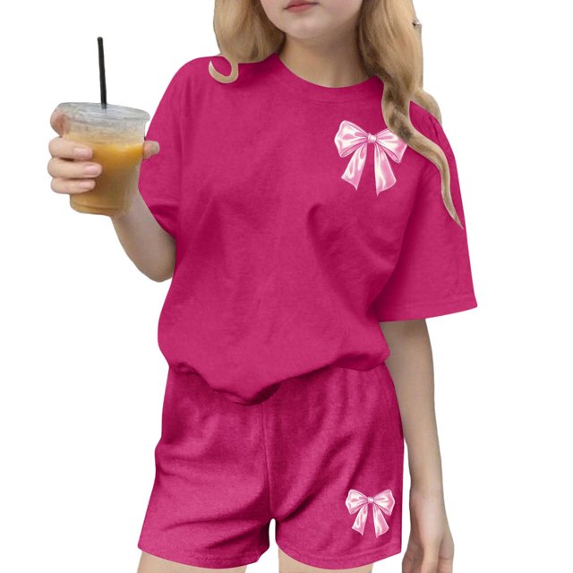 Robe d'Été à Manches Courtes Haut à Manches Courtes et Short Ensemble Deux Pièces pour Enfants Mignonne Détente d'Été Col Rond