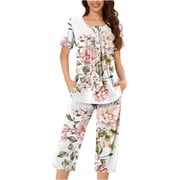 Womens Pajamas Clearance Women's Short Sleeve Pajama Set 2 Piece Summer Sleep Set Floral Print Button Crew Neck Capris Pant Pjs Sets Plus Size Sleepwear New White L
