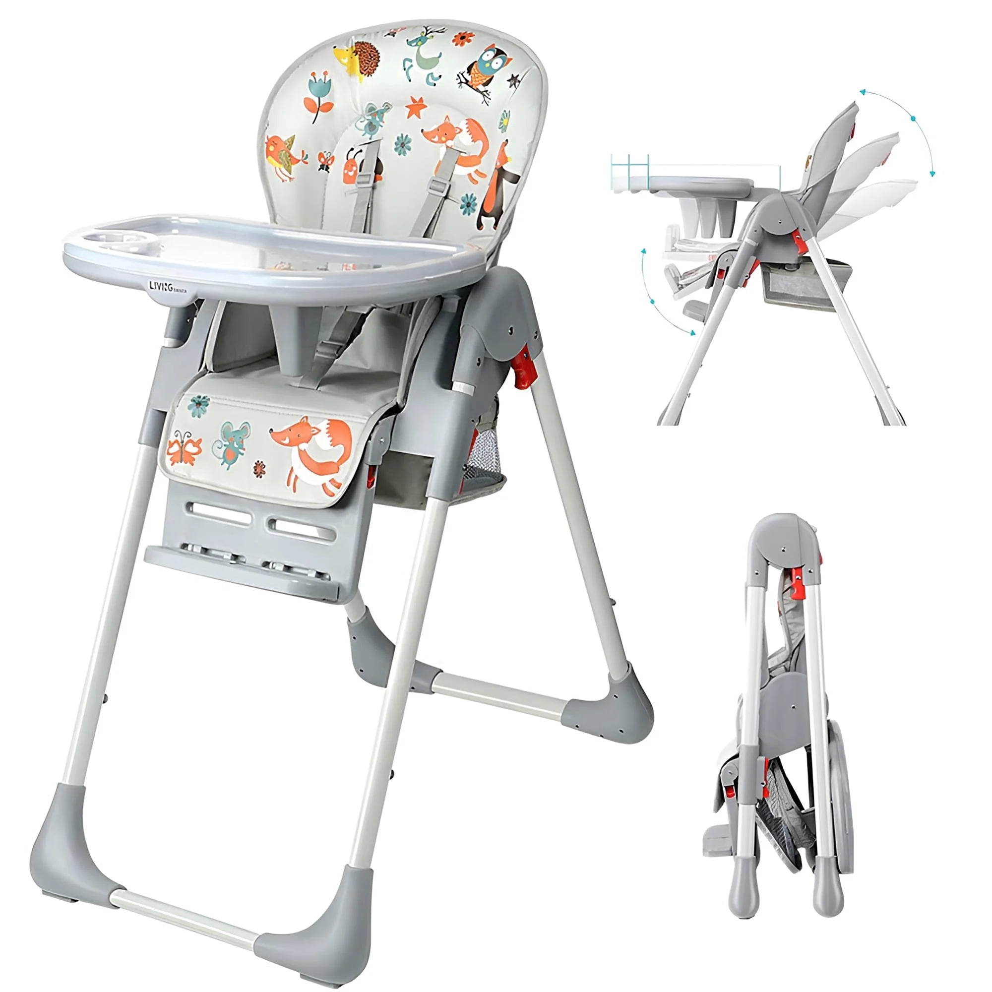 Baby High Chair, Foldable Highchair Dining Chair for Babies Toddlers, Adjustable Food Tray & Footrest, 3 Reclining Backrest, Adjustable Heights, Built-in Hidden Rear Wheels