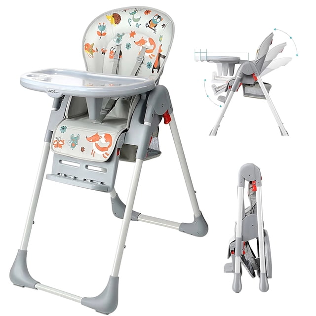 Baby High Chair by LIVINGbasics in grey with a foldable design, featuring a colourful animal-themed PU fabric seat cushion. The highchair includes an adjustable food tray with a cup holder, a reclining backrest, adjustable footrest, and six seat height options. It has built-in hidden rear wheels for easy mobility and a compact folding mechanism for storage. Made with thick steel pipes and BPA-free materials, it is suitable for babies aged 7-36 months and supports up to 33 lbs.