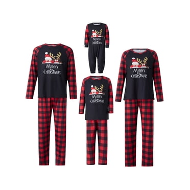 Ensemble de Pyjamas de Noël Assortis pour la Famille, T-shirt à Manches Longues à Imprimé de Père Noël et d'Orignal avec Lettres et Pantalon à Carreaux