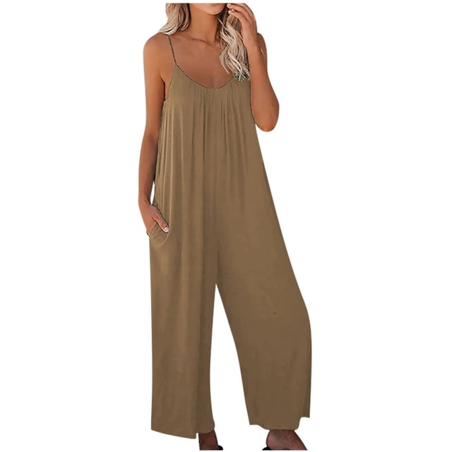 Summer Jumpsuits for Women Spaghetti Straps Solid Color Wide Leg Long Pants Rompers Casual Loose Fit Beach Jumpsuits