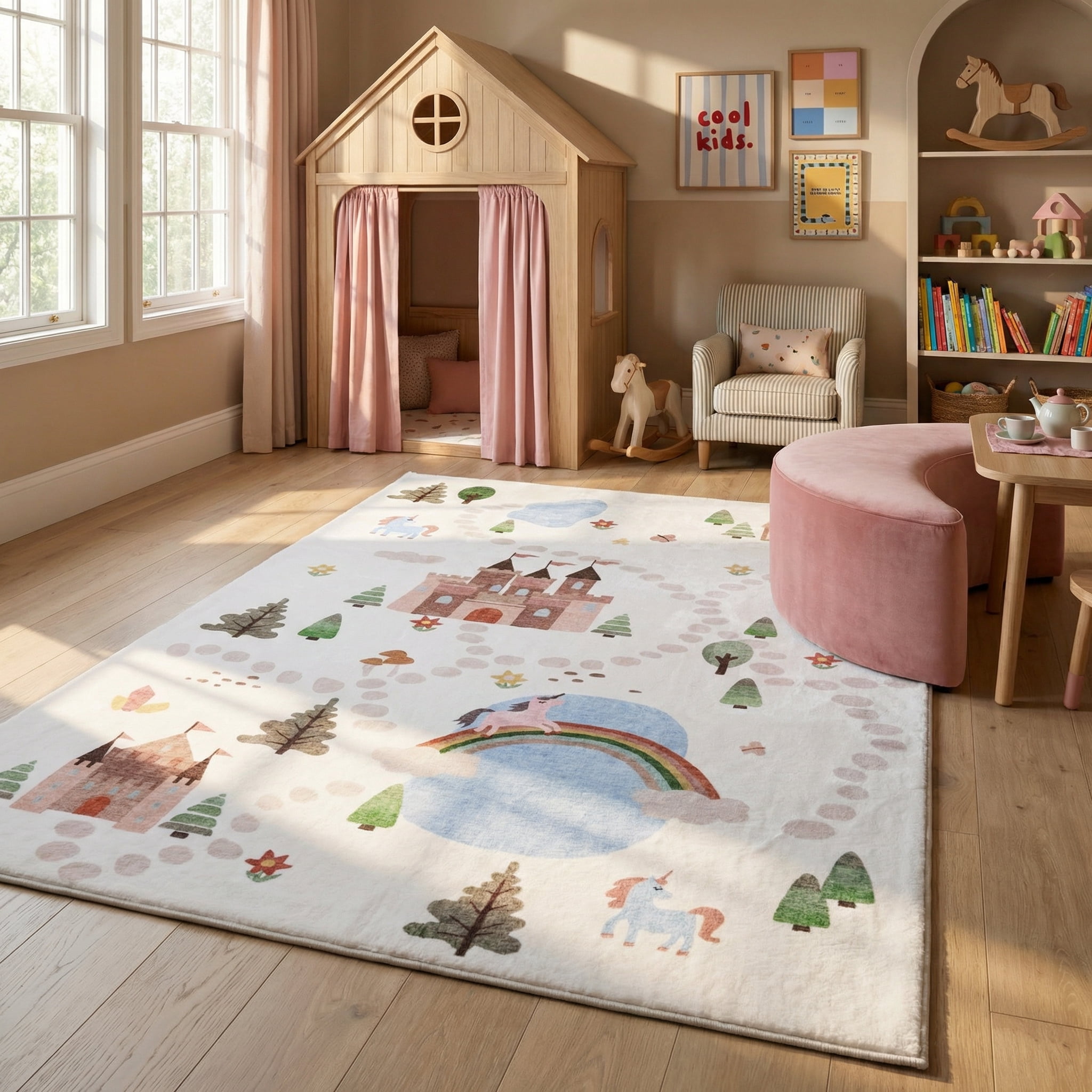 Rug Branch Soft Steps Playtime Licornes, Chateau, Carte routiere, Tapis educatif doux, Blanc Bleu - Garcons et filles dans la salle de jeux, la creche, la chambre
