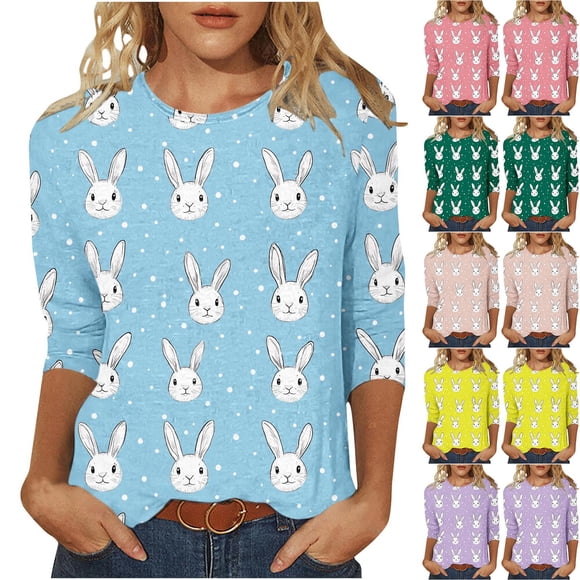 lcziwo Easter Shirt Tshirts for Women 2025 Fashion 3D Bunny Rabbit Graphic Tees Shirts Loose Casual Round Neck 3/4 Length Sleeve Holiday Tops,Yellow,L