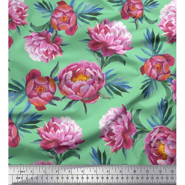 Soimoi Green polyester Crepe Fabric Leaves & Floral Decor Fabric Printed BTY 42 Inch Wide