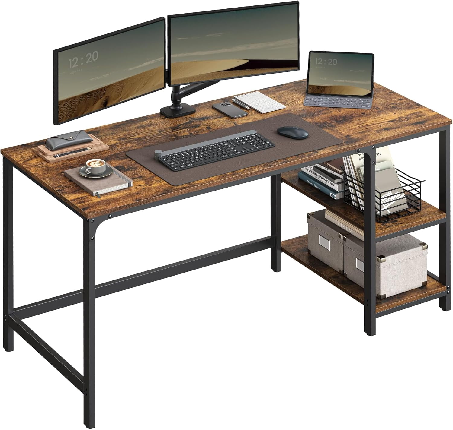 VASAGLE Computer Desk, Writing Desk with 2 Shelves on Left or Right, Work Table for Office Living Room, Steel Frame, Industrial, Rustic Brown and Ink Black LWD47X