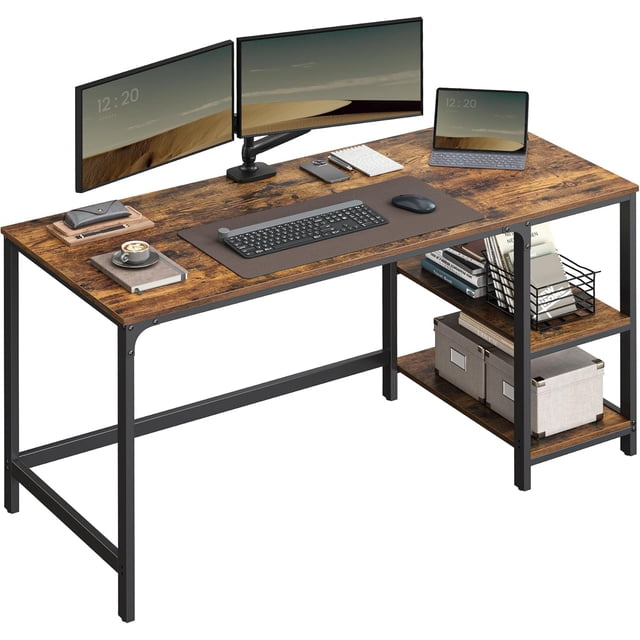 VASAGLE Computer Desk, Writing Desk with 2 Shelves on Left or Right, Work Table for Office Living Room, Steel Frame, Industrial, Rustic Brown and Ink Black LWD47X