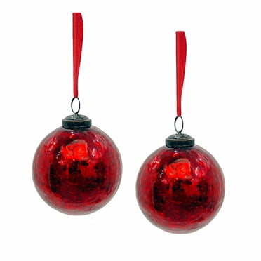 Cranberry Spice 2-Count Crackle Glass Ball Christmas Hanging Ornaments, Red Finish, 4 in