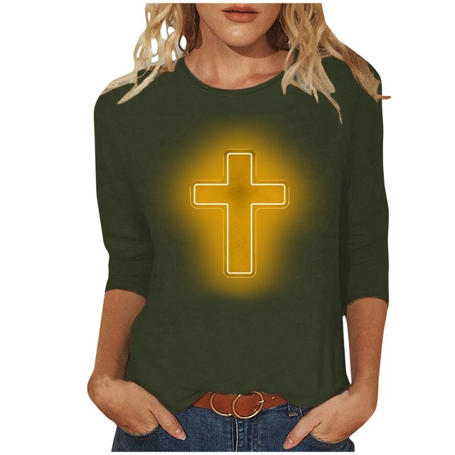 RKSTN Hauts pour Femmes Mode Décontractée Imprimé Crucifix Col Rond Manches 3/4 T-Shirt Couleur Unie Ajusté Blouse Printemps Été