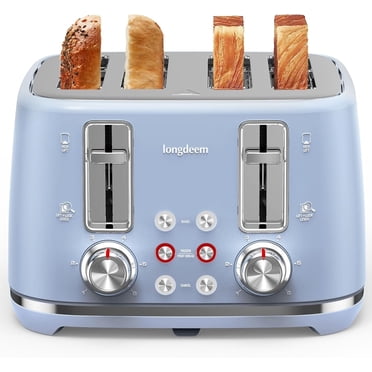 LONGDEEM 4 Slice Toaster, 6 Browning Options, Wide Slots, High Lift Lever, Dual Controls, Blue
