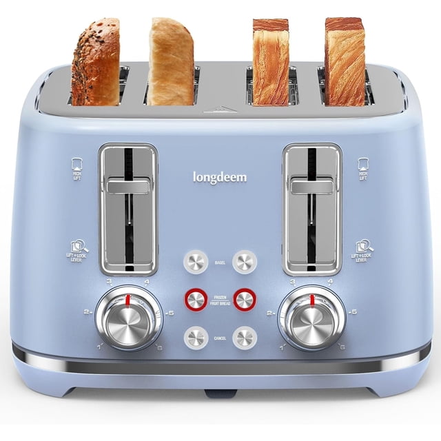 LONGDEEM 4 Slice Toaster in blue with six browning options, dual independent controls, and extra-wide slots. Features include a high-lift lever for easy toast removal, a built-in warming rack, and a compact retro design with cord storage. Suitable for toasting whole wheat, bagels, waffles, and pastries.