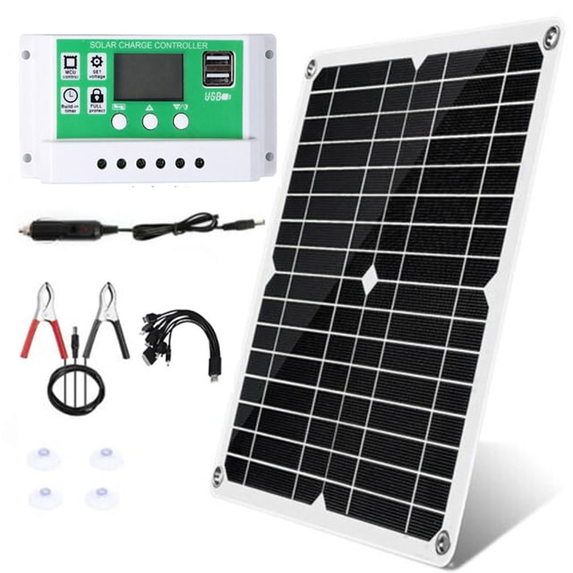 18V/25W monocrystalline solar panel kit with dual USB phone charger, waterproof design, and 12/24V 60A PWM solar charge controller. Includes black solar panel, white controller, battery clip, car charging cable, 10-in-1 phone charging cable, suction cups, and manual. Suitable for renewable energy applications in RVs, marine boats, and off-grid solar power systems.