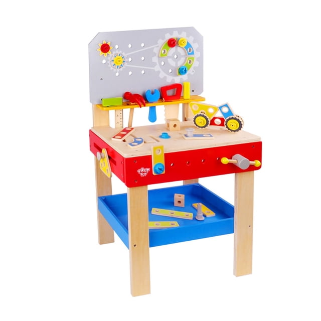 Tooky Toy Ensemble de Banc de Travail Amusant et Éducatif en Bois de 48 Pcs avec Pattes en Bois Naturel, Côtés Rouges et Tablette Inférieure Bleue, Comprend des Outils en Bois Multicolores comme une Clé, un Marteau, des Vis et un Véhicule Jouet, Idéal pour le Jeu d'Imitation et le Développement de la coordination Oeil-Main et des Habiletés de Résolution de Problèmes.