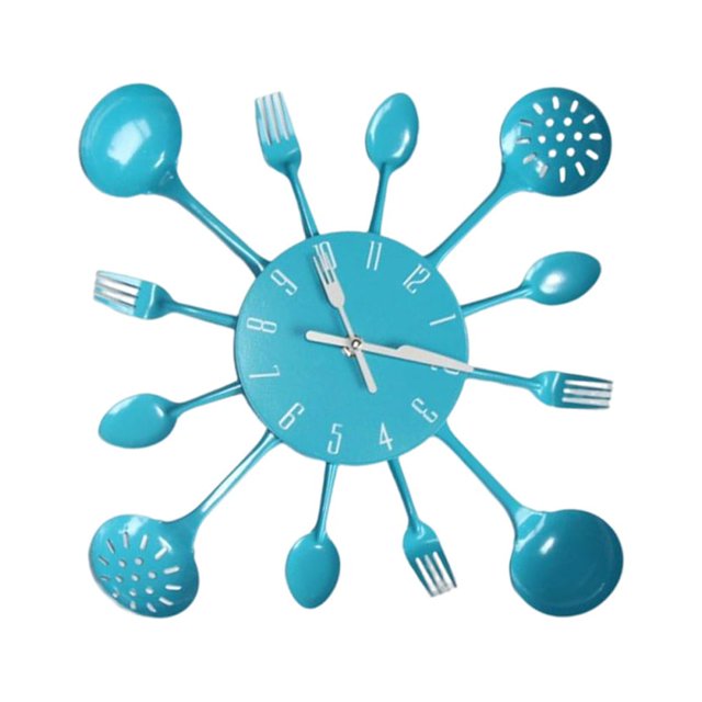 Transemion Kitchen Iron Wall Clock 3D Removable Spoon Clocks Cookware Hanging Ornament Quartz Living Room Hotel Home Decor Blue