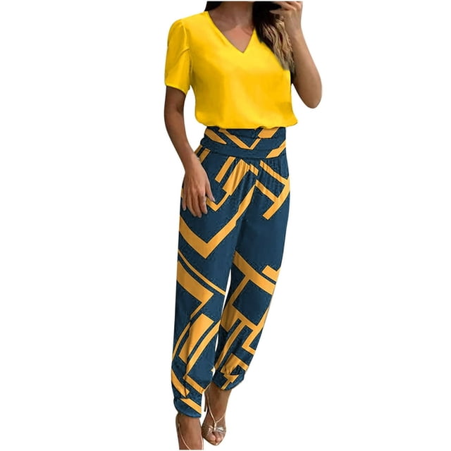 Ensemble 2 Pcs pour Femmes Été Col Uni Manches Courtes Blouse Haut + Pantalon Ample avec Poches