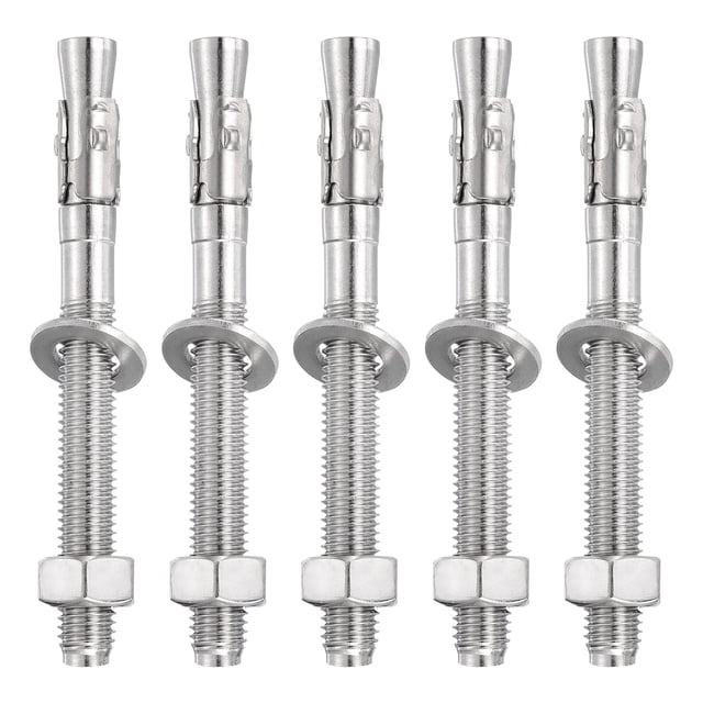 Uxcell 5 Pcs Ancrages en Coin, Boulons d'Ancrage pour Béton en Acier Inoxydable 1/2 Pouces x 5 Pouces, Attache Standard Robuste pour Support de Base de Mur en Ciment (Inclut des Rondelles Écrous, Ton Argent)