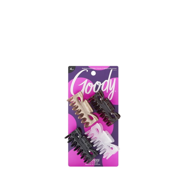 Goody Medium Claw Clips 4ct pack with four medium-sized hair accessories in marbled brown, black, and translucent white on a purple and pink branded card, designed for secure hold on all hair types and everyday styling, also suitable for creating half-up or top knot hairstyles.