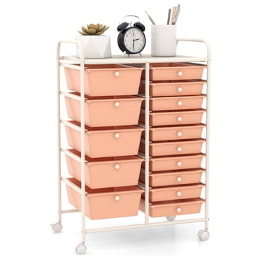 Costway 15 Drawer Rolling Organizer Cart Utility Storage Tools Scrapbook Paper Multi-Use Hot Pink