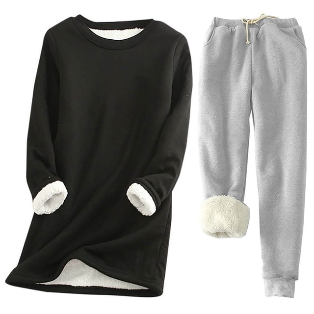 Pisexur Ensembles 2 Pcs pour Femmes Ensembles de Pyjama en Molleton Chaud pour Femmes 2 Pcs Chandail à Col Rond Pantalon de Pyjama Ample Vêtements de Détente Décontractés Tenues d'Hiver Surdimensionnées Grande Taille P-5TG