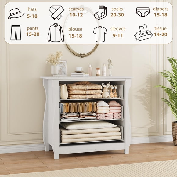 Commode Moderne à 3 Tiroirs avec Accents en Rotin – Pieds Courbés, Poignées en Métal Noir – Coffre de Rangement Autoportant pour Chambre, Salon, Entrée Ou Balcon, Blanc